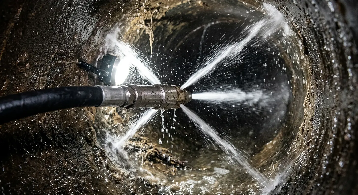 High-pressure hydro jetting nozzle cleaning sewer pipe for Trenchless Sewer Repair in Easton