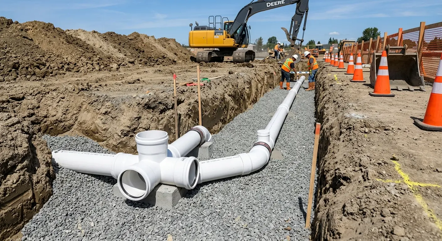 New PVC sewer pipe installation in open trench for Commercial Drain Cleaning in Easton